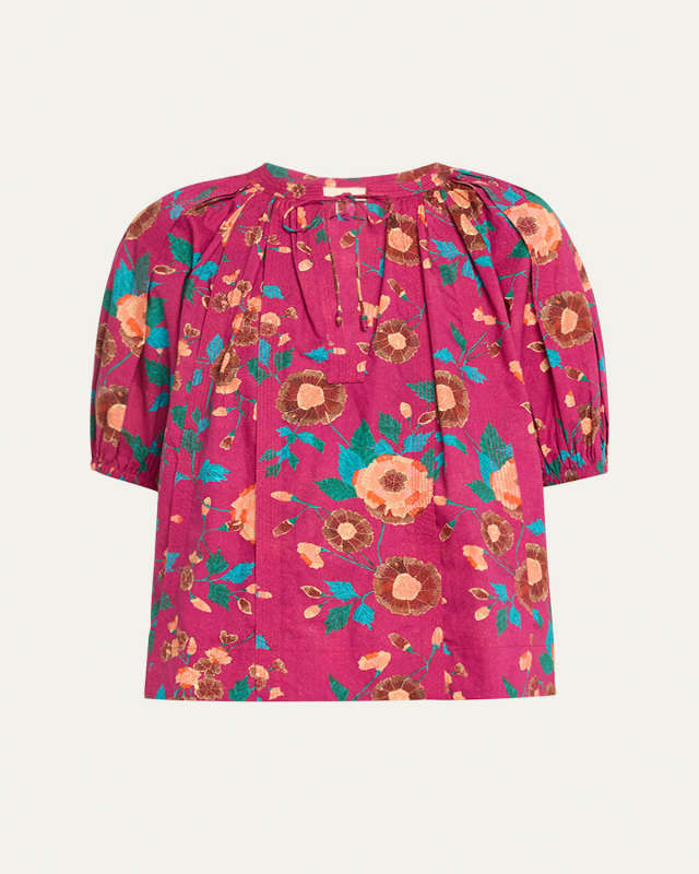 Loli Puff-Sleeve Floral Jacquard Poplin Top