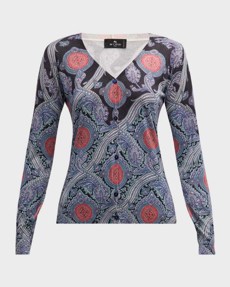 V-Neck Medallion Print Silk-Cashmere Cardigan