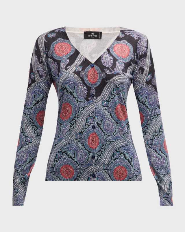 V-Neck Medallion Print Silk-Cashmere Cardigan