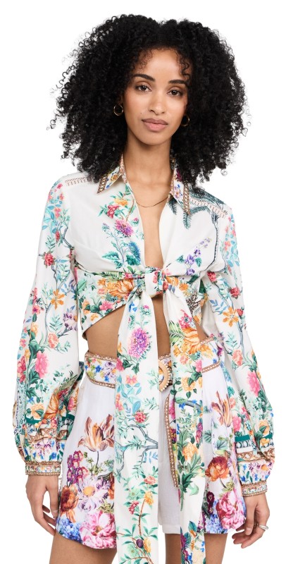 Camilla Cropped Wrap Shirt withace Trim At Yoke Plumes And Parterres
