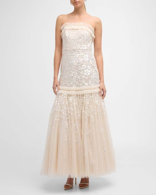 Regal Rose Strapless Floral Sequin Tulle Gown