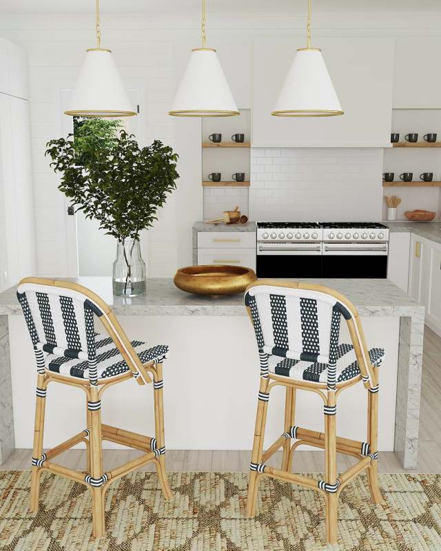 Blue & White Stripe Rattan Bar Stool