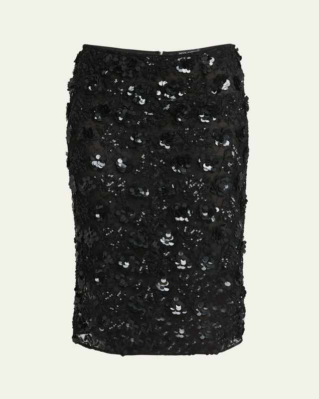 Floral Sequined Lace Pencil Midi Skirt