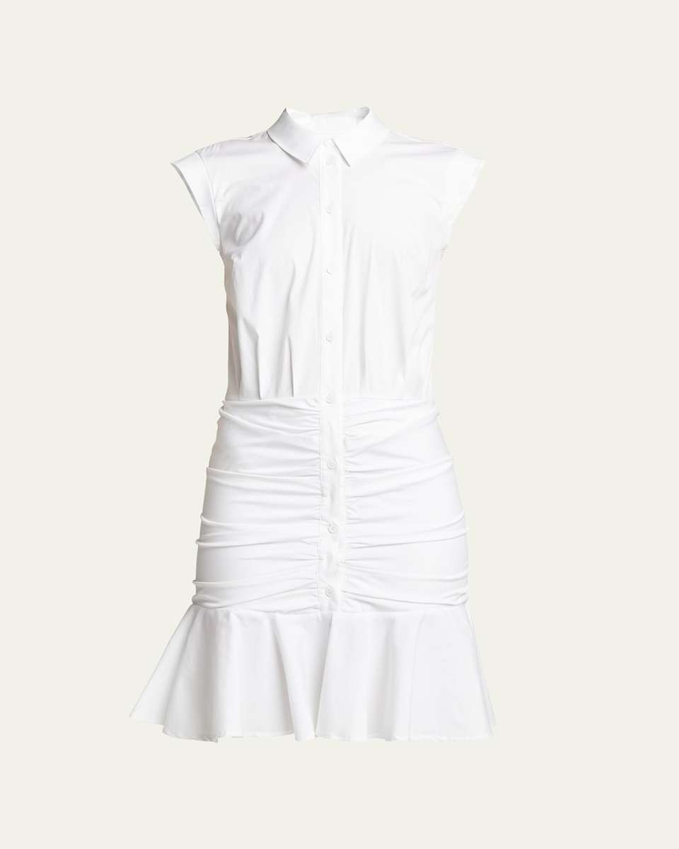 Bell Sleeveless Ruched Stretch Poplin Dress, White