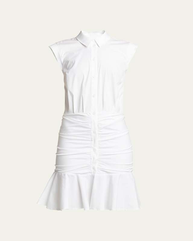 Bell Sleeveless Ruched Stretch Poplin Dress, White