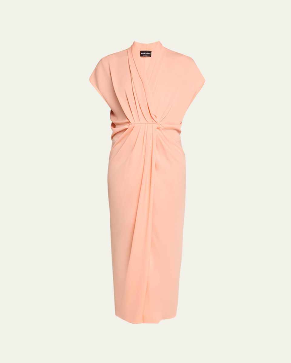 Gathered Silk Draped Midi Dress