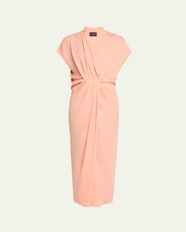 Gathered Silk Draped Midi Dress