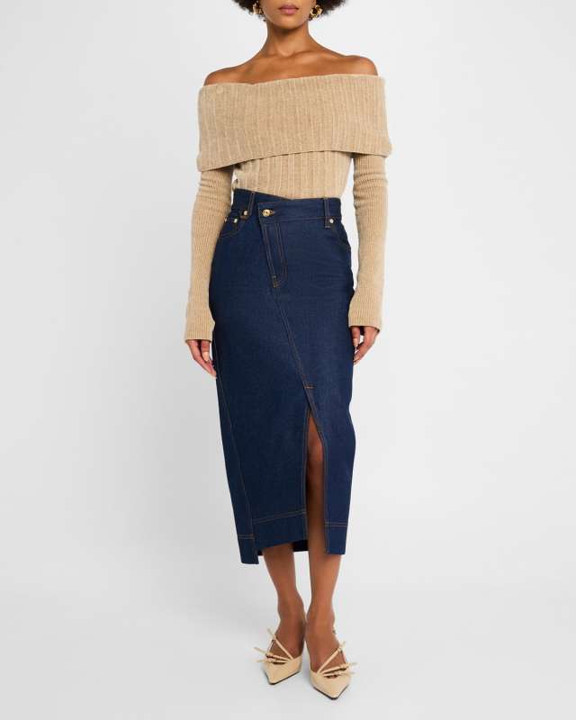 De-Nimes Crosswaist Midi Denim Skirt