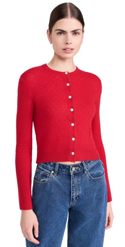 Guest in Residence Jane Pointelle Cardigan In Cashmere True Red