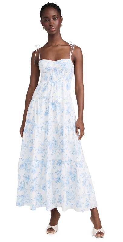WAYF Rachelle Tiered Dress Blue Toile Roses