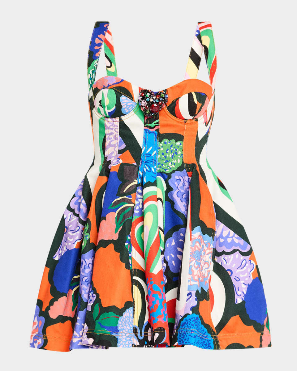Crystal Heart-Print Godet Mini Bustier Dress