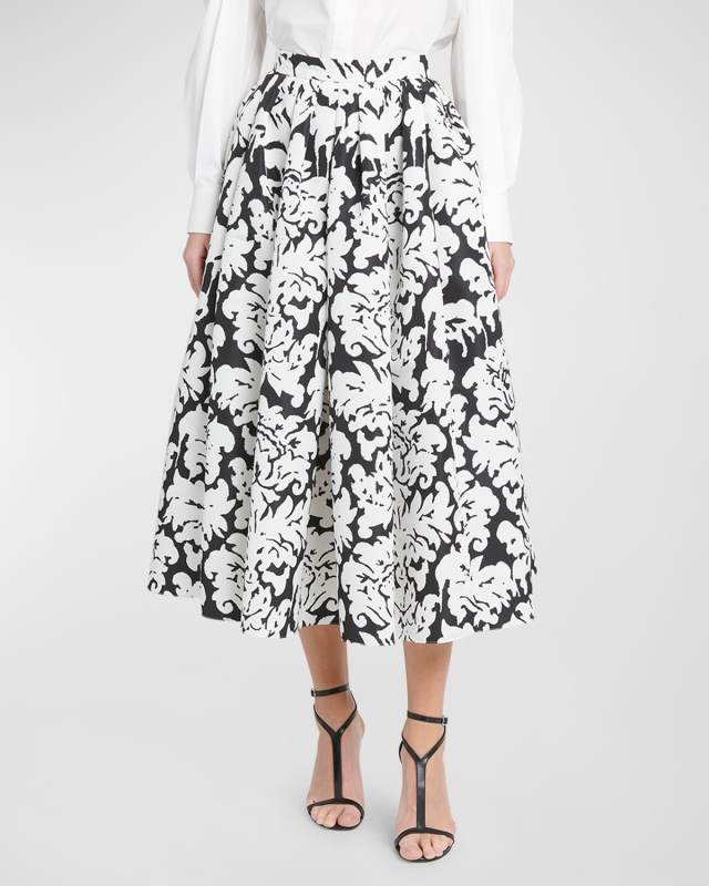Damask Print Pleated Midi Skirt