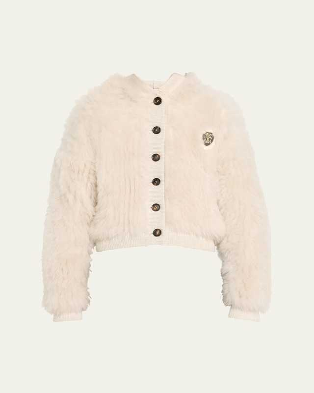 Cashmere Button-Front Hooded Jacket with Crest Embroidery
