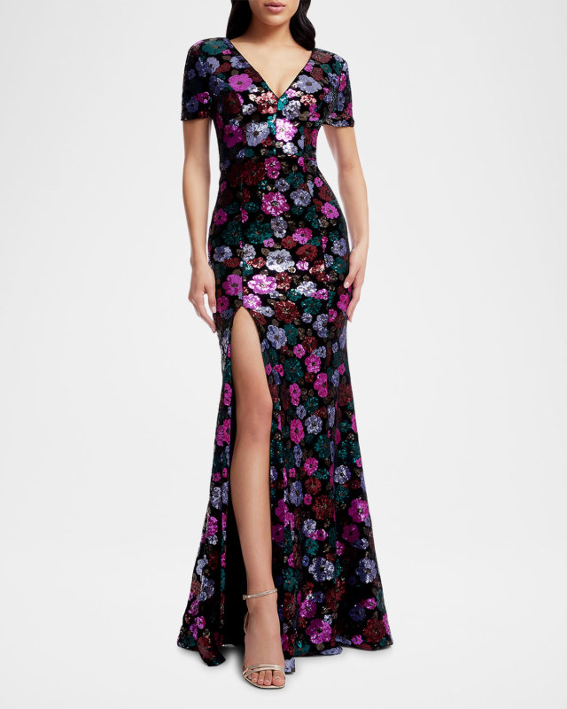 Karla Floral Sequined Short-Sleeve Gown