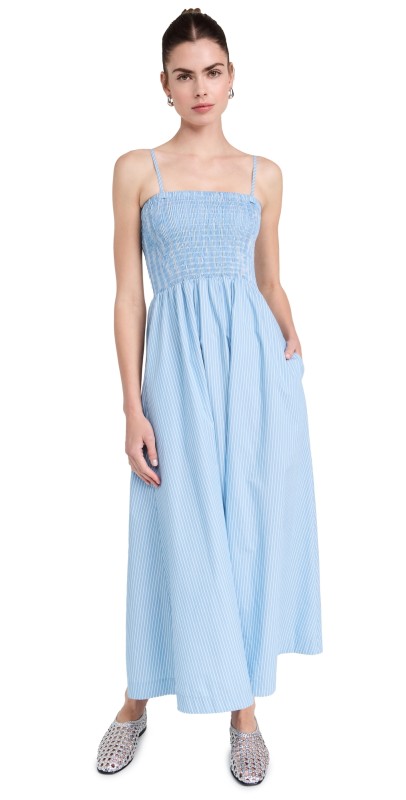ATM Anthony Thomas Melillo Superfine Twill Stripe Smocked Dress Summer Sky/White