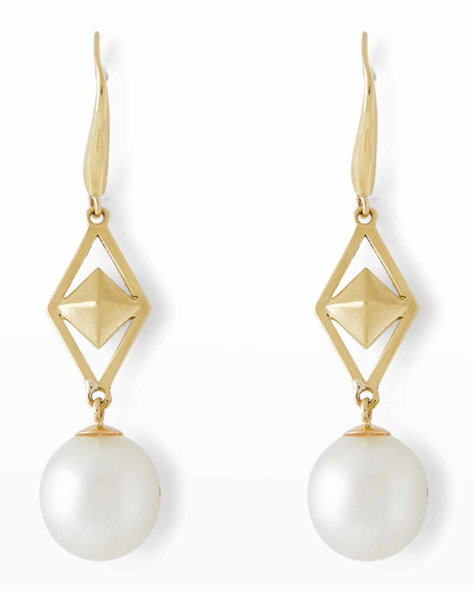 18K Yellow Gold Cube and 10mm South Sea Pearl Hook Earrings