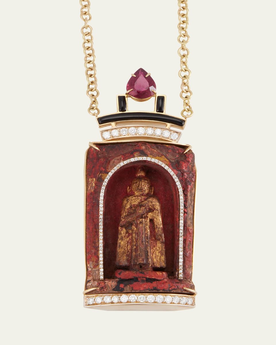 18K Yellow Gold Wooden Statue Necklace with Diamonds, Rubellite and Onyx