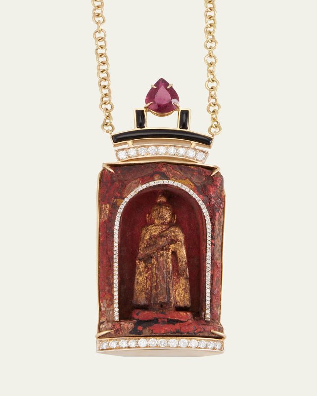 18K Yellow Gold Wooden Statue Necklace with Diamonds, Rubellite and Onyx