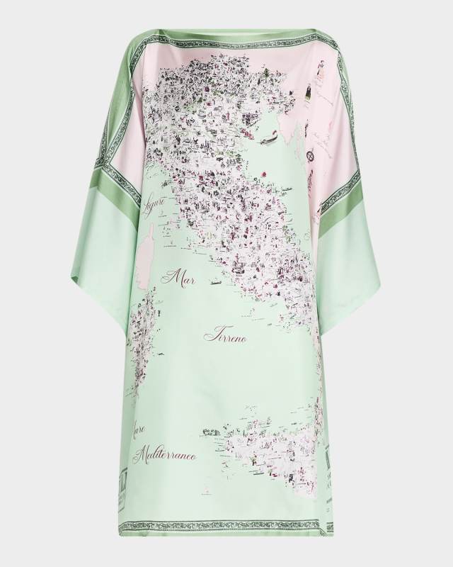 Map Hand-Printed Silk Kaftcan