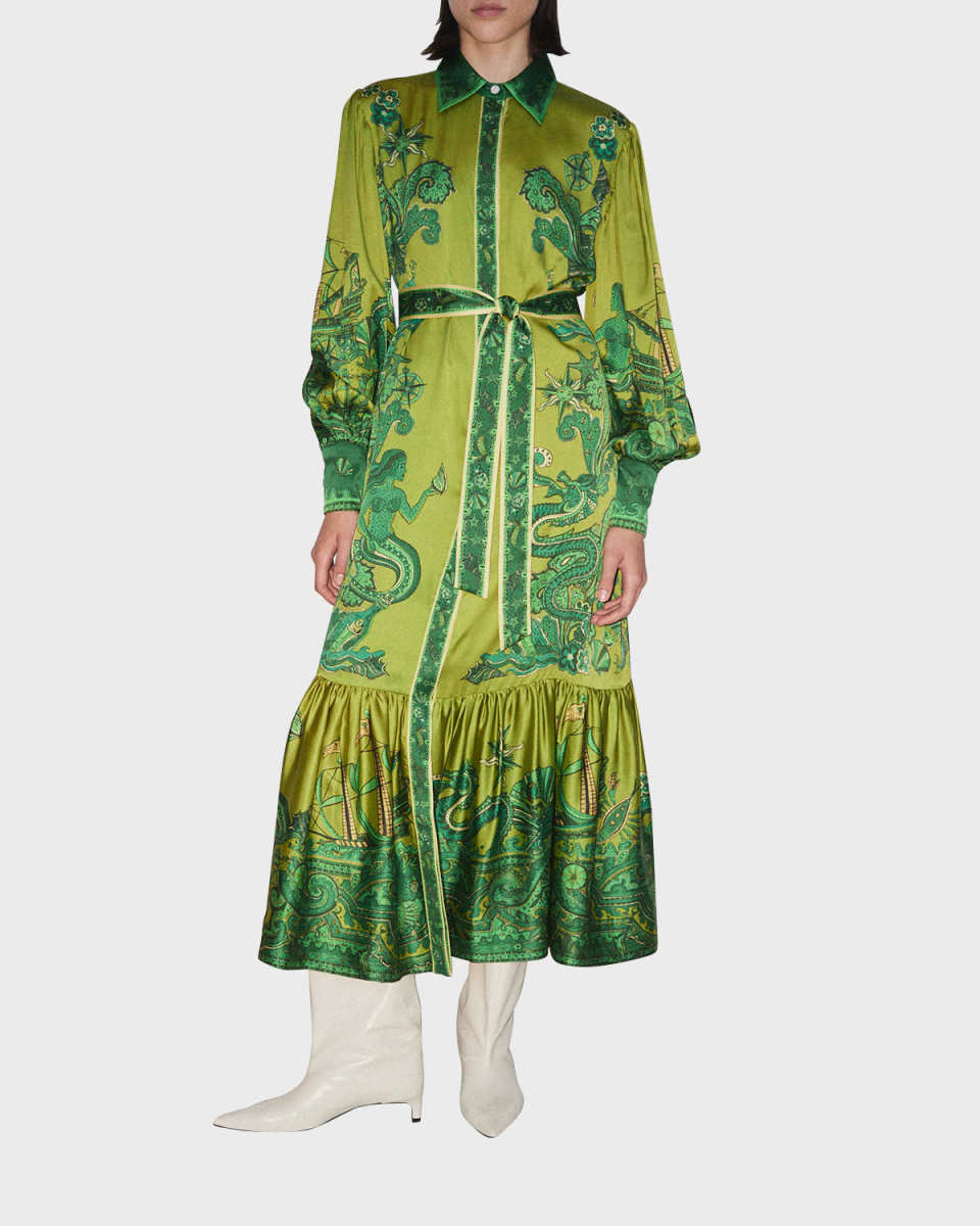 Solaris Silk Twill Belted Lantern-Sleeve Maxi Shirtdress