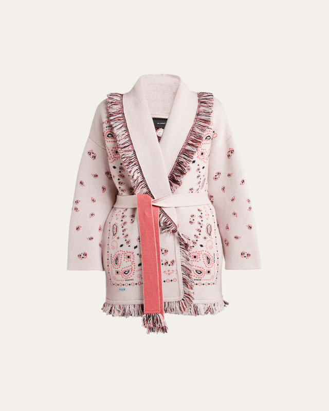Jacquard Bandana Fringe Belted Cashmere Cardigan, Pink