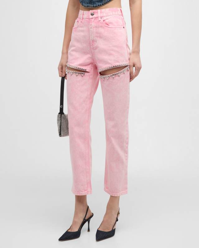 Mid-Rise Crystal-Slit Straight-Leg Ankle Jeans