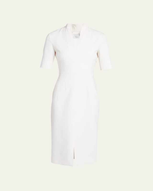 V-Neck Double Wool Stretch Midi Dress