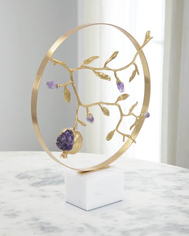 Amethyst & Brass Pomegranate Sculpture - 17"