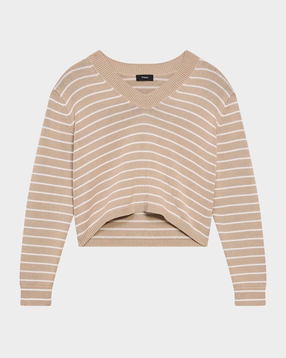Waverly Cotton Stripe Cropped V-Neck Sweater