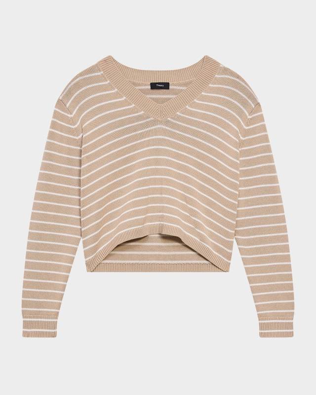 Waverly Cotton Stripe Cropped V-Neck Sweater