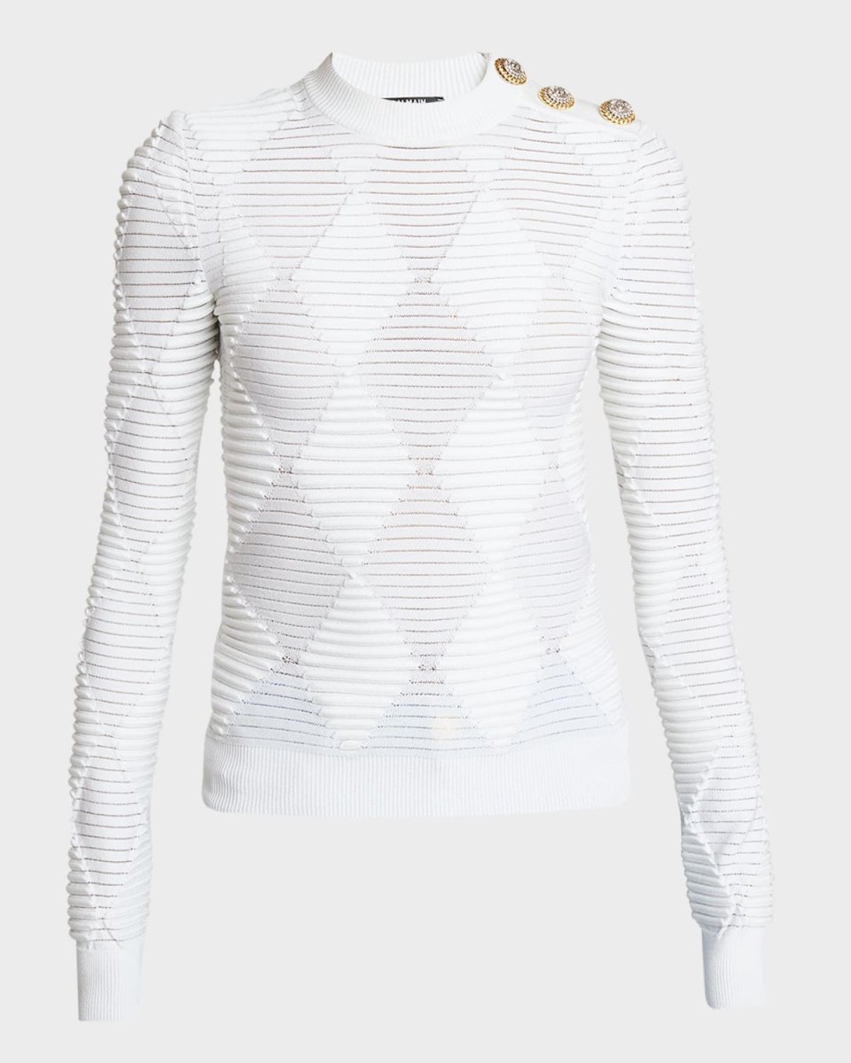 Long-Sleeve Three-Button Diamond Textured Knit Top