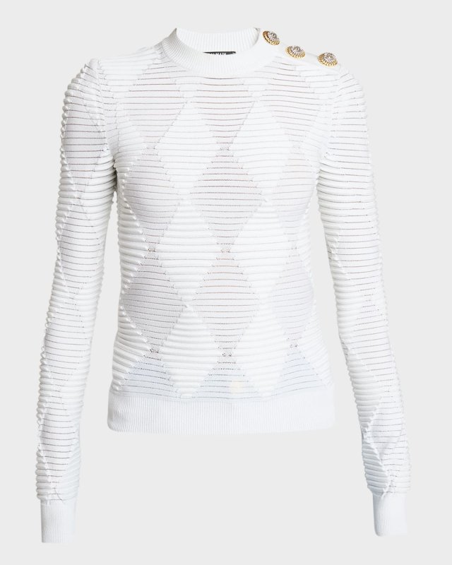 Long-Sleeve Three-Button Diamond Textured Knit Top