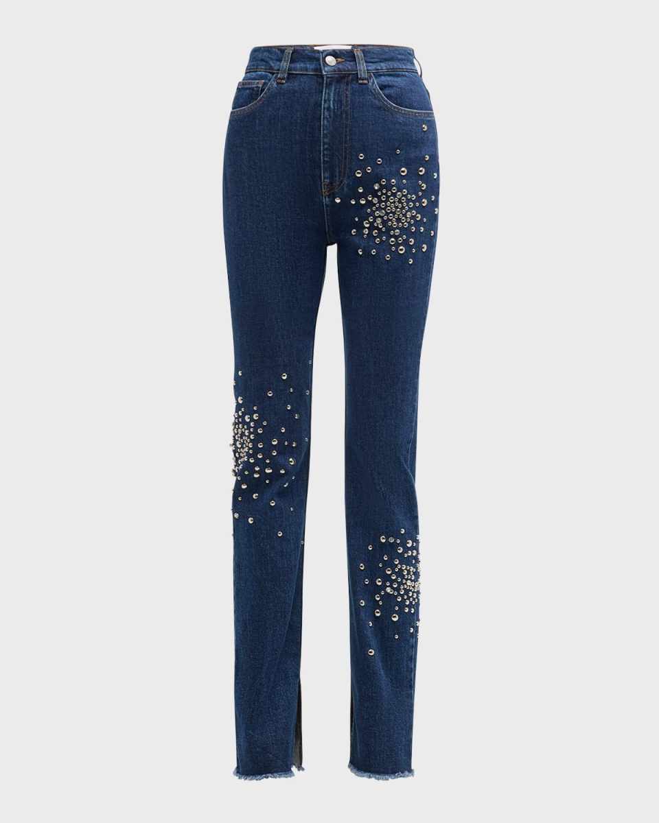 Embellished Skinny Side-Slit Jeans
