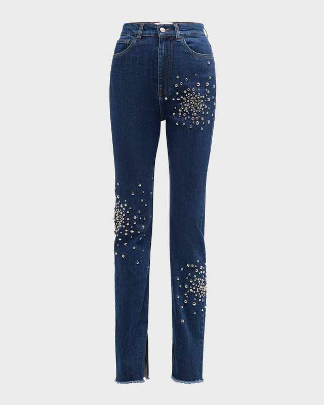 Embellished Skinny Side-Slit Jeans
