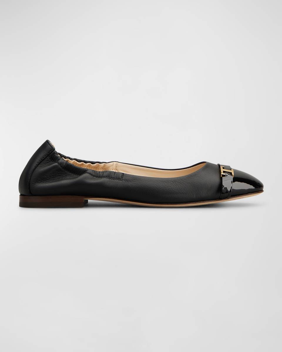Mixed Leather T Medallion Ballerina Flats