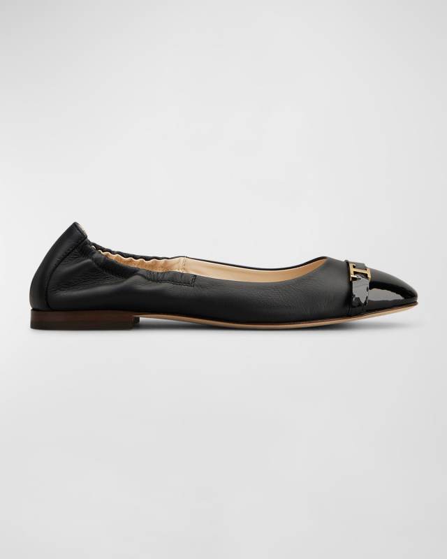 Mixed Leather T Medallion Ballerina Flats
