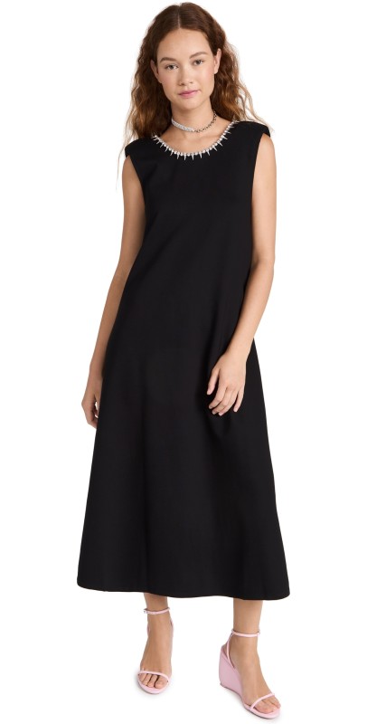 AREA Crystal Bow Back Midi Dress Black
