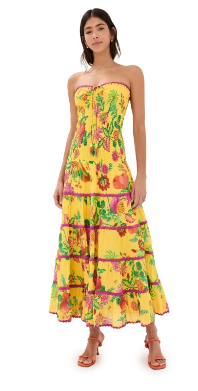 FARM Rio Delicate Fruit Garden Yellow Smocked Maxi Dress Delicate Fruit Garden Yellow