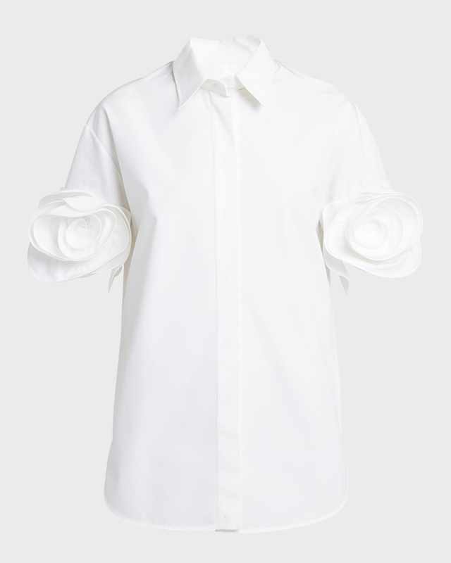 Rosette-Cuff Short-Sleeve Poplin Collared Shirt