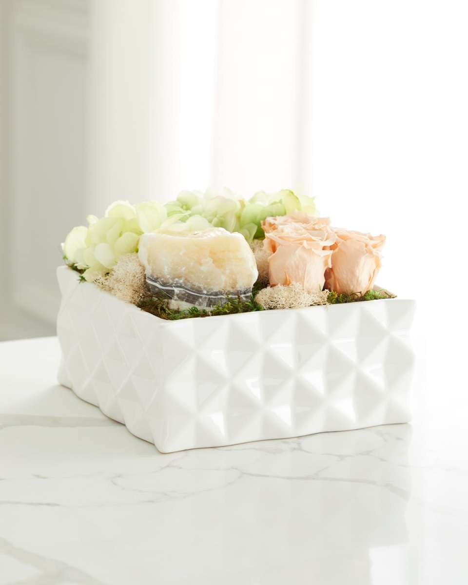 Square Faux Floral Arrangement with Preserved Roses in Ceramic Box - 9"