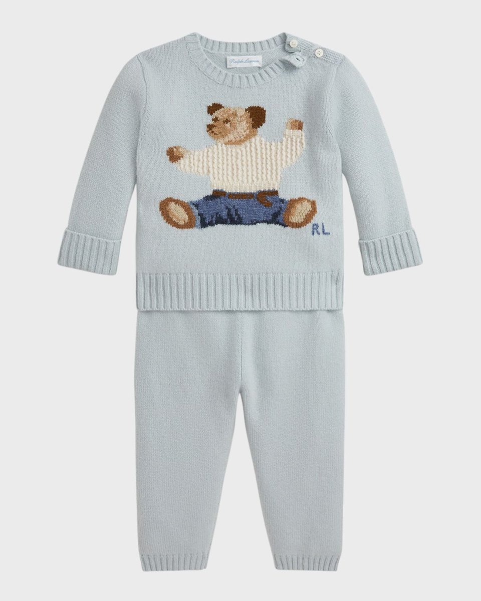 Boy's Two-Piece Polo Bear Intarsia Cashmere Set, Size 3M-12