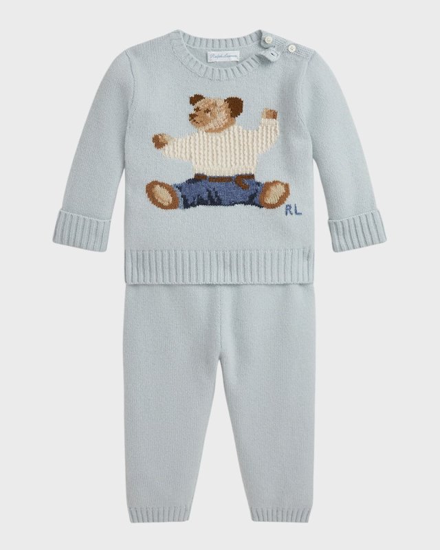 Boy's Two-Piece Polo Bear Intarsia Cashmere Set, Size 3M-12