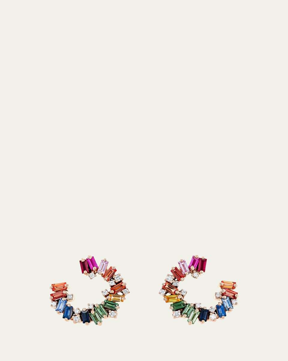 18K Gold White Diamond and Rainbow Sapphire Spiral Earrings