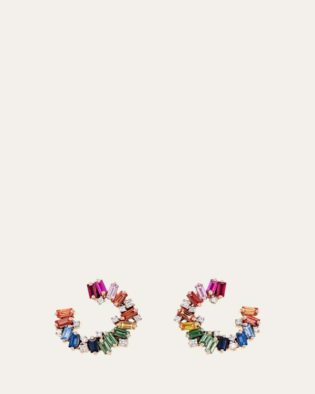 18K Gold White Diamond and Rainbow Sapphire Spiral Earrings