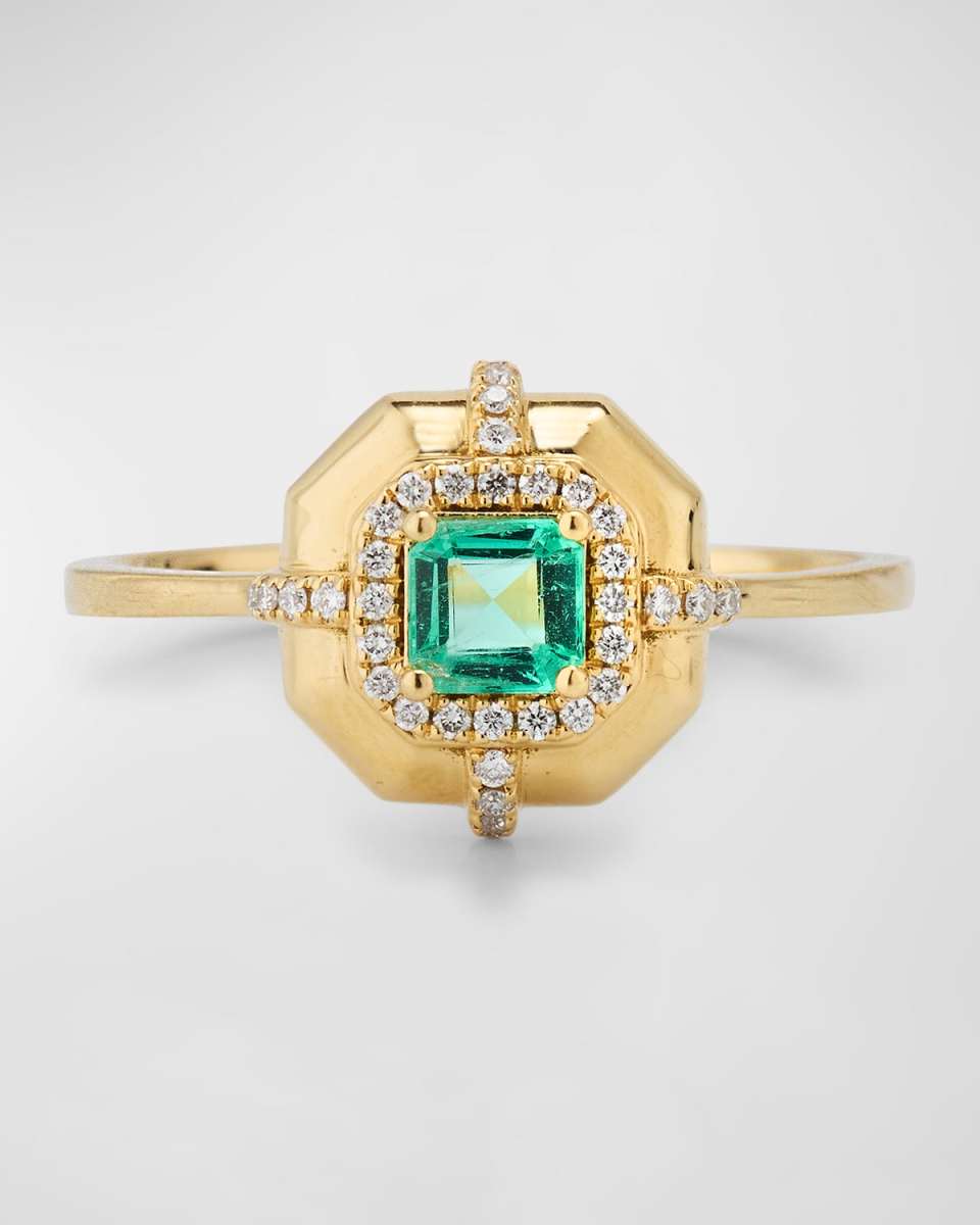 G-Classics' 4mm Asscher Cut Emerald Ring with Diamonds in 18K Yellow Gold