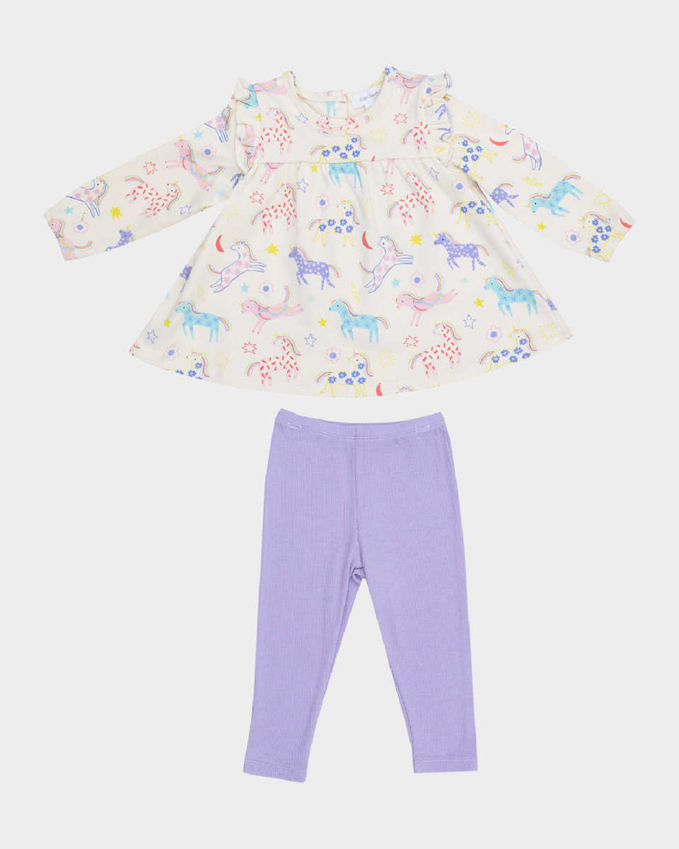 Girl's Fun Unicorns Ruffle Top & Ribbed Leggings Set, Size 3M-24