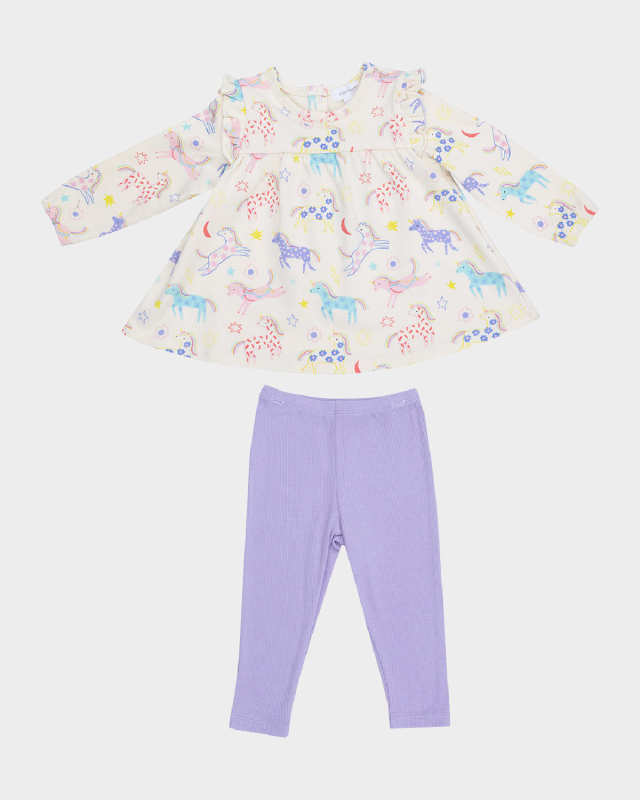 Girl's Fun Unicorns Ruffle Top & Ribbed Leggings Set, Size 3M-24