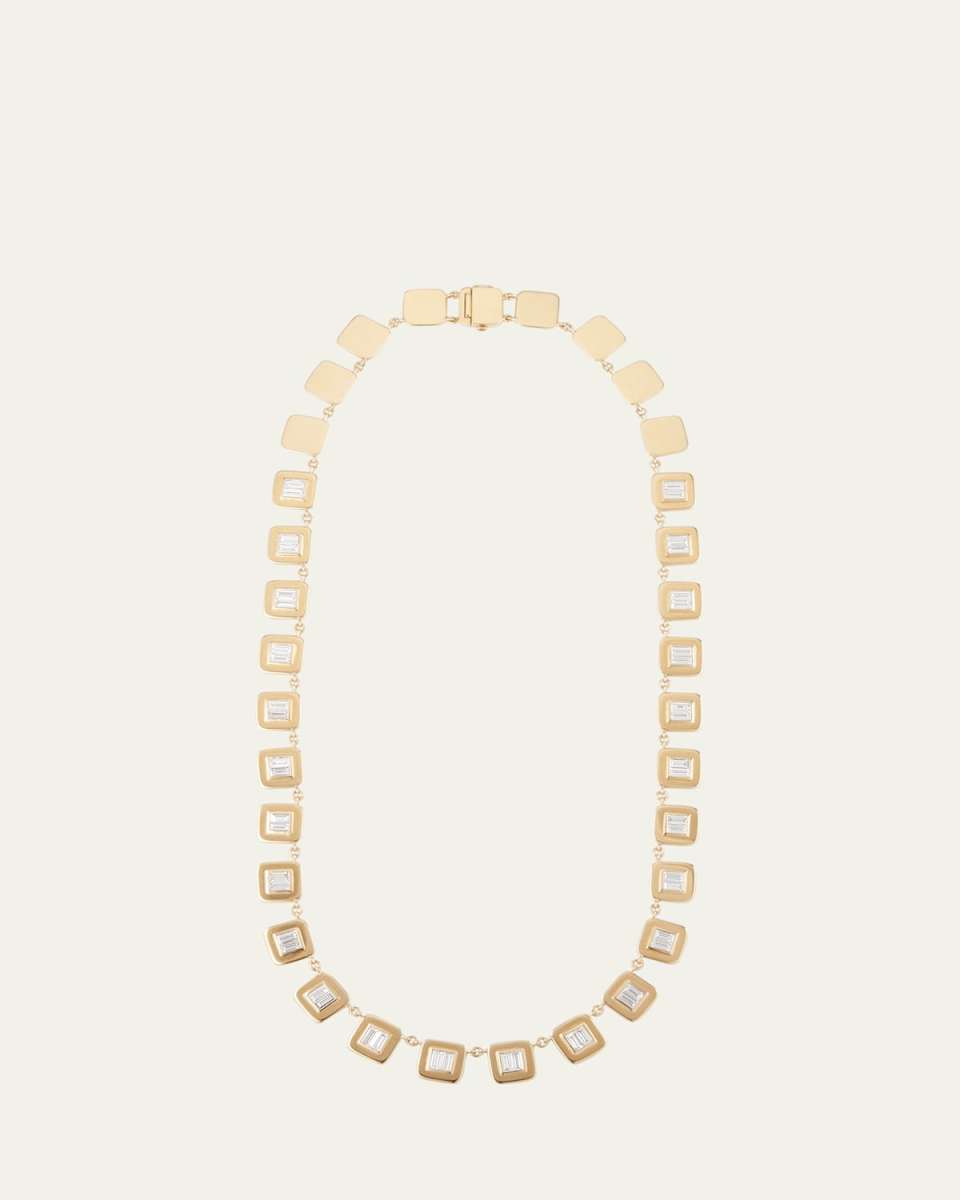 18K Yellow Gold Tile Necklace with White Diamond Baguettes