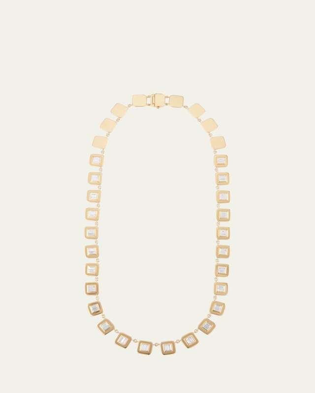 18K Yellow Gold Tile Necklace with White Diamond Baguettes