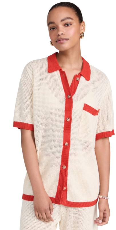Onia Oversized Linen Knit Button Up Cream/Poinciana